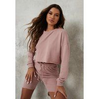 Pink Crop Sweatshirt And Drawstring Shorts Co Ord Set | Missguided (US & CA)