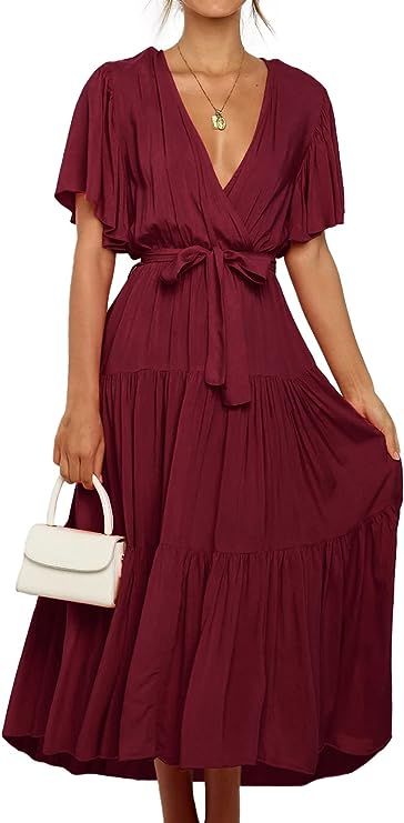 SHIBEVER Chiffon Maxi Dress for Women V Neck Long Dresses with Waist Tie Casual Summer Dresses Fl... | Amazon (US)