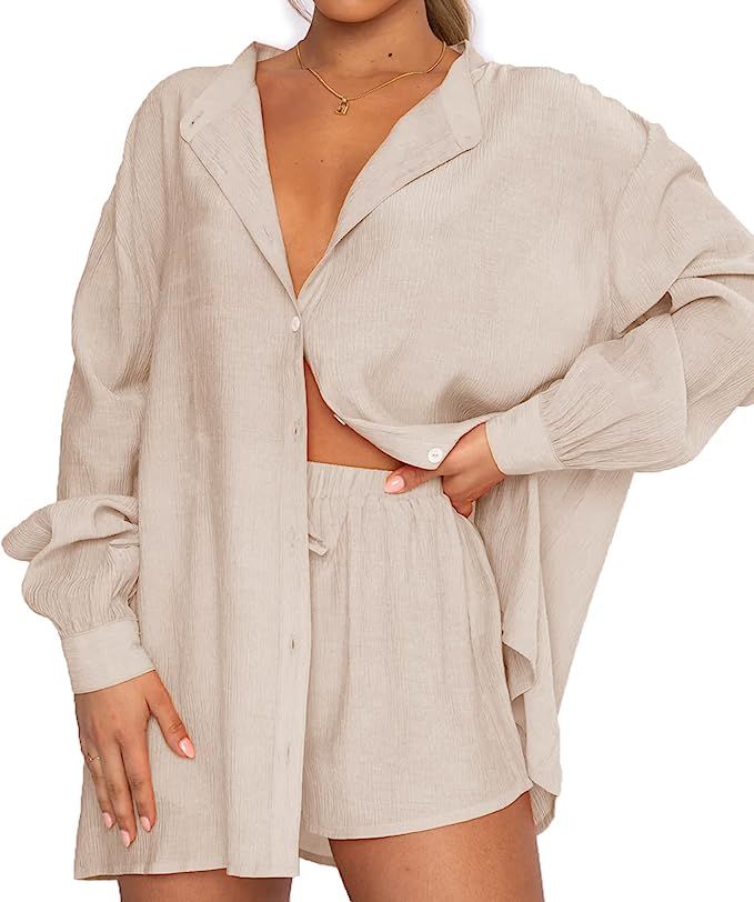 Women Casual Two Piece Shorts Set Loose Button Cardigan Shirt Elastic Waist Lounge Shorts Tracksu... | Amazon (US)