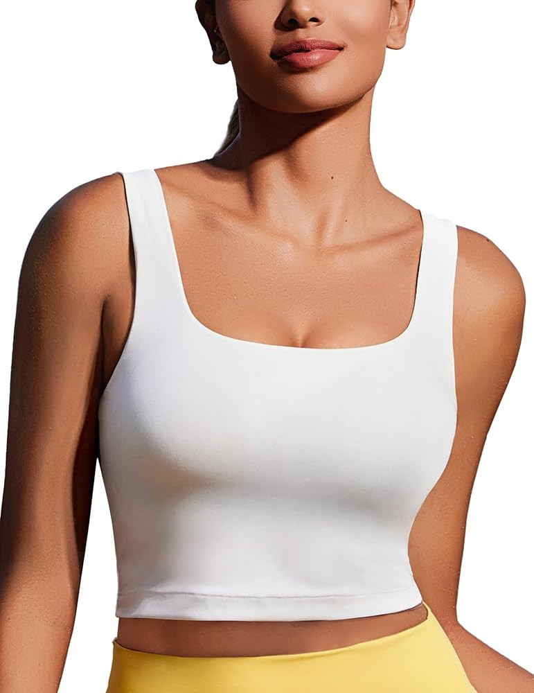 PINSPARK Sports Bra for Women Square Neck Longline Tank Top with Built in Bra | Amazon (US)