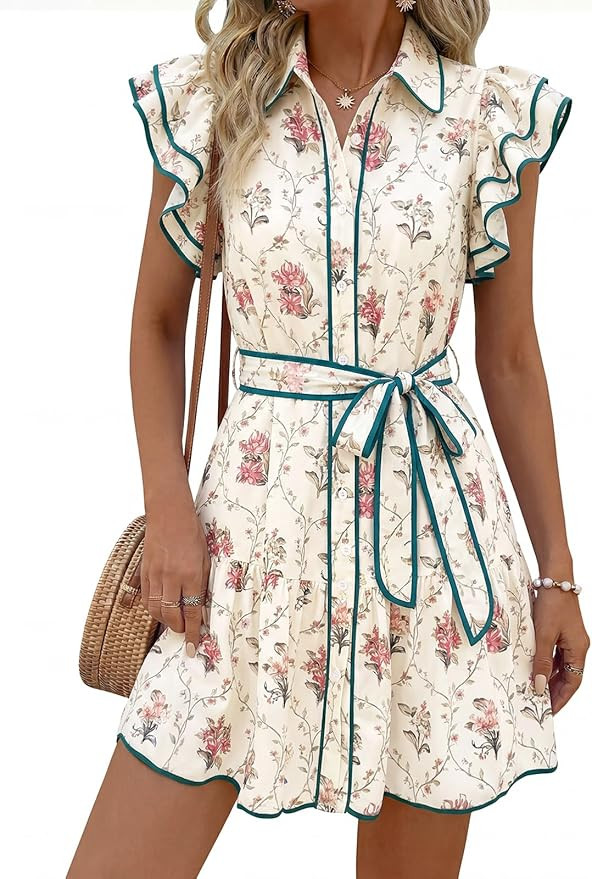 Wenrine Womens Summer Button Down Shirt Dress Casual Collar V Neck Floral Ruffle Sleeve Boho Beac... | Amazon (US)