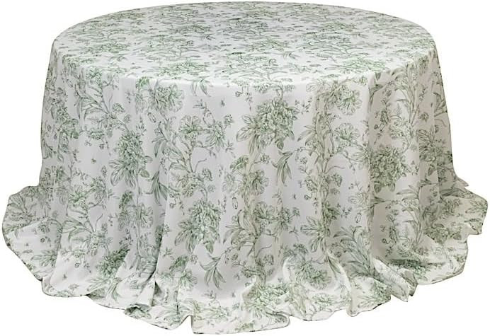 132" Round White with Dusty Sage Green French Toile Polyester Tablecloth Washable Vintage Pastora... | Amazon (US)
