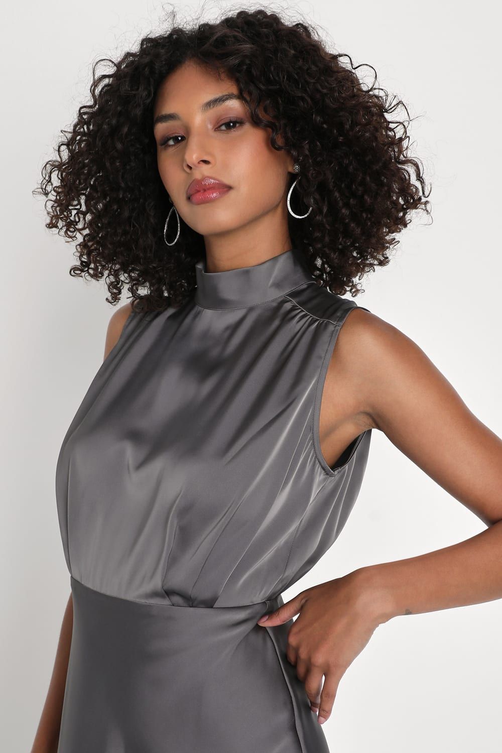 Classic Elegance Dark Grey Satin Sleeveless Mock Neck Maxi Dress | Lulus (US)
