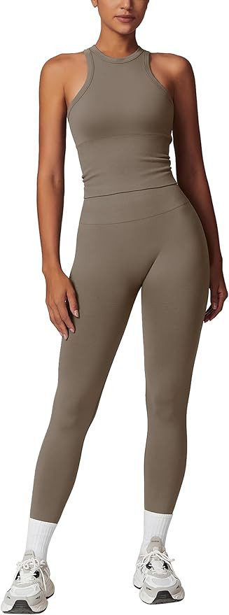 Womens Workout Sets Two Piece Racer-back Tank Top Matching High Waist Leggings Sets Gym Outfits W... | Amazon (US)