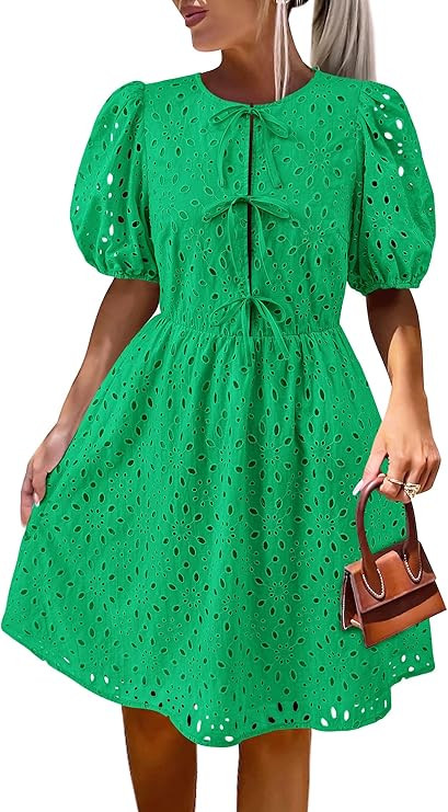 KIRUNDO Womens Boho Summer Dresses 2025 Puff Sleeve Eyelet Tie Front Hollow Out Lace Cotton Beach... | Amazon (US)