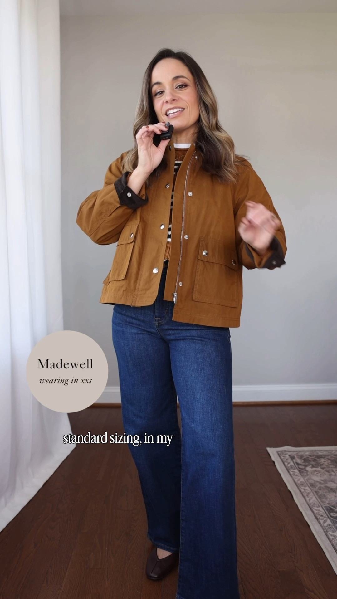 I didn’t expect this jacket to fit me but stopped by a Madewell store to try it on and was pleasantly surprised! The sleeves are meant to be worn cuffed to show the corduroy trim so that makes them a perfect length! It has a swing fit with a pleated fit. True to size but if you want a closer fit you could size down. 

Jacket: xxs 
Sweater: xxs 
T-Shirt: petite xs 
Jeans: petite 24

#LTKPetite