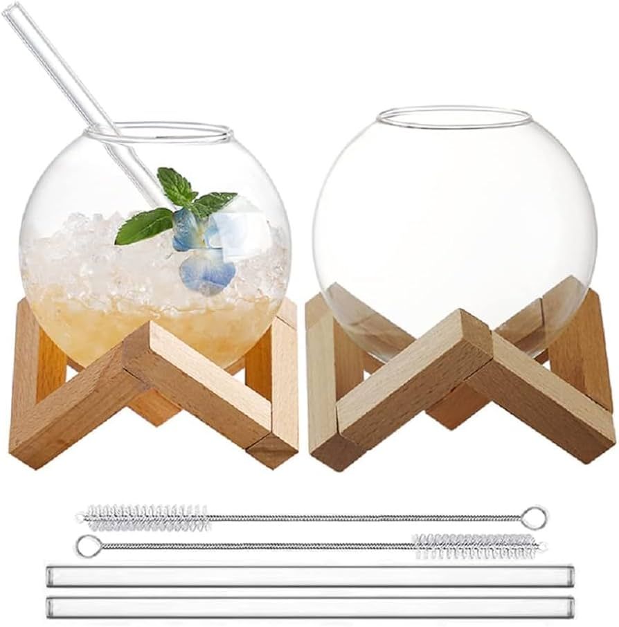 Fish Bowls for Drinks with Wooden Stand and Straws (13 oz) - Fishbowl Cups with Stand and Straw -... | Amazon (US)