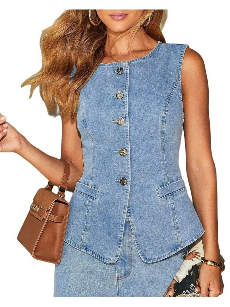 Women's Sleeveless Denim Vest Button Down Fitted Tank Top Summer Casual Waistcoat Blue vest XL | Walmart (US)