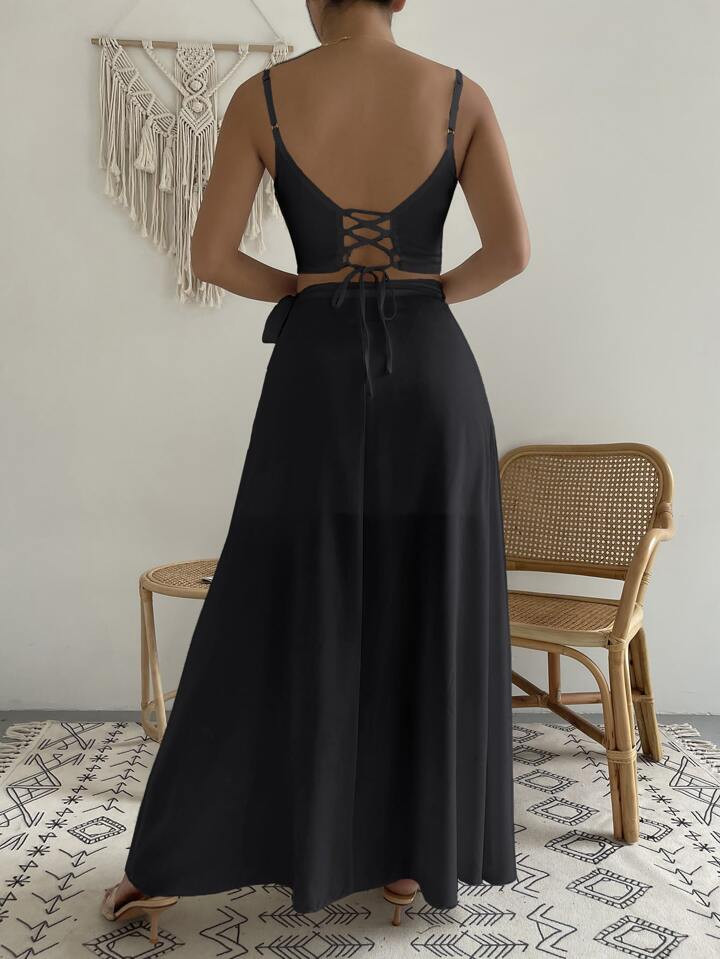 SHEIN VCAY Solid Lace Up Cami Top & High Waist Knot Side Wrap Hem Skirt | SHEIN