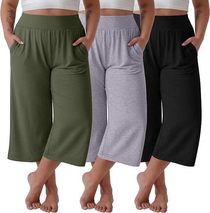 Neer 3 Pack Women's Plus Size Capri Pants, Wide Legs Elastic Waist Capris with Pockets Lounge Loo... | Amazon (US)