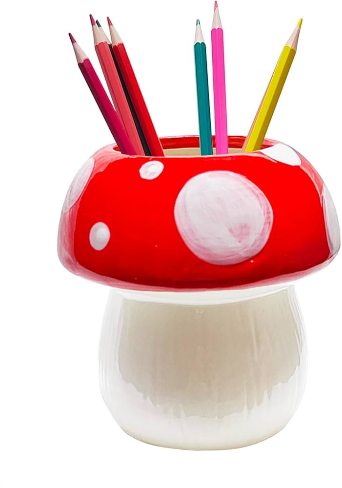 Mushroom Pen Holder for Desk Cute Pencil Holder Desk Accessories Ceramic Pencil Cup Mushroom Decor Office School Mushroom Gifts (Red) | Amazon (US)