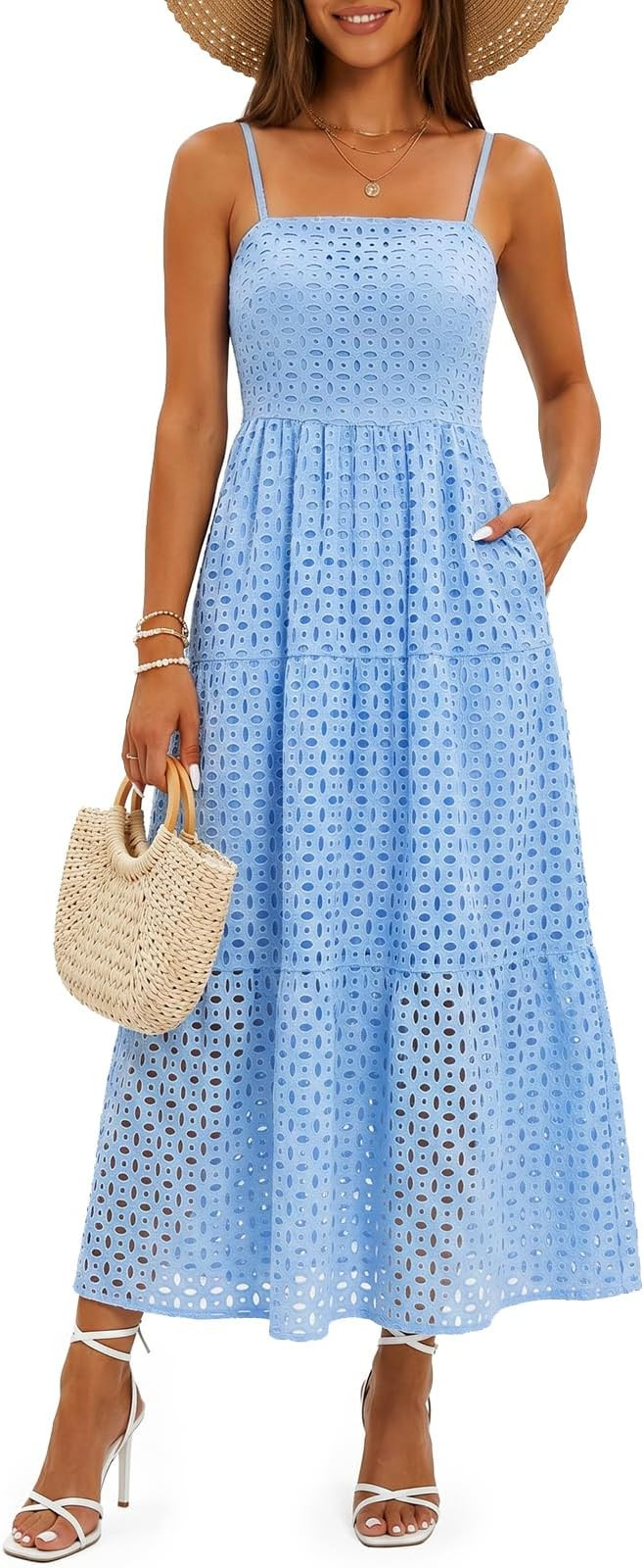 Womens 2026 Summer Maxi Dress Casual Hollow Out Eyelet Dresses Sleeveless A Line Long Sundress Fl... | Amazon (US)