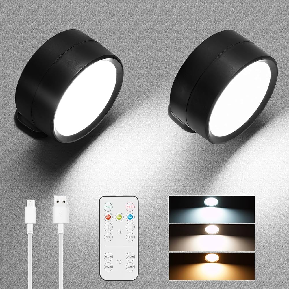 Luces LED de pared con control remoto, 2 unidades, 3000 mAh, recargable, funciona con pilas, lám... | Amazon (US)