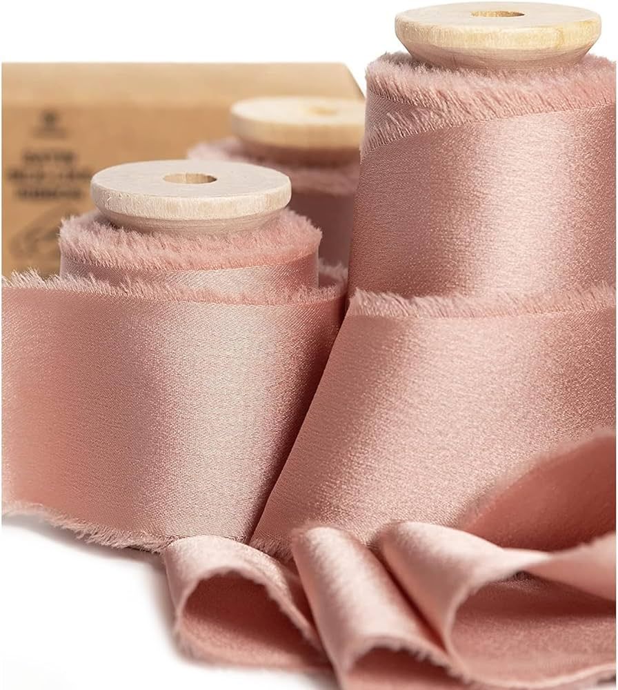 Vitalizart Pink Silk Satin Ribbon 1-1/2 inch x 15 Yard Rose Gold Handmade Frayed Ribbons for Gift... | Amazon (US)