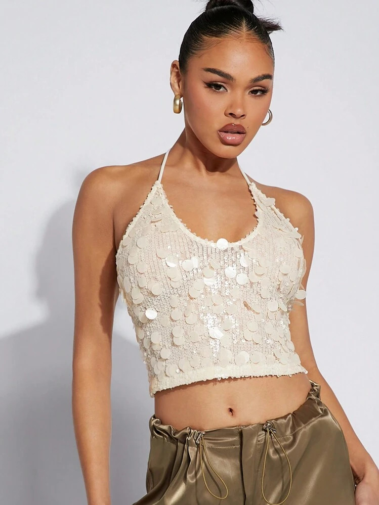 Hauture Women's Sequin Beige Sexy Sequins Cropped Halter Top, Date Night, Concerts, Performances, Music Festivals, Party | SHEIN