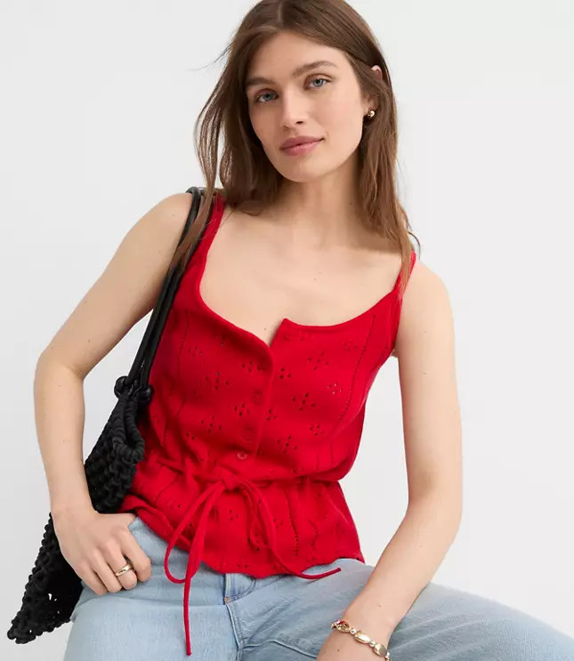 Tie Waist Pointelle Sweater Tank Top | LOFT