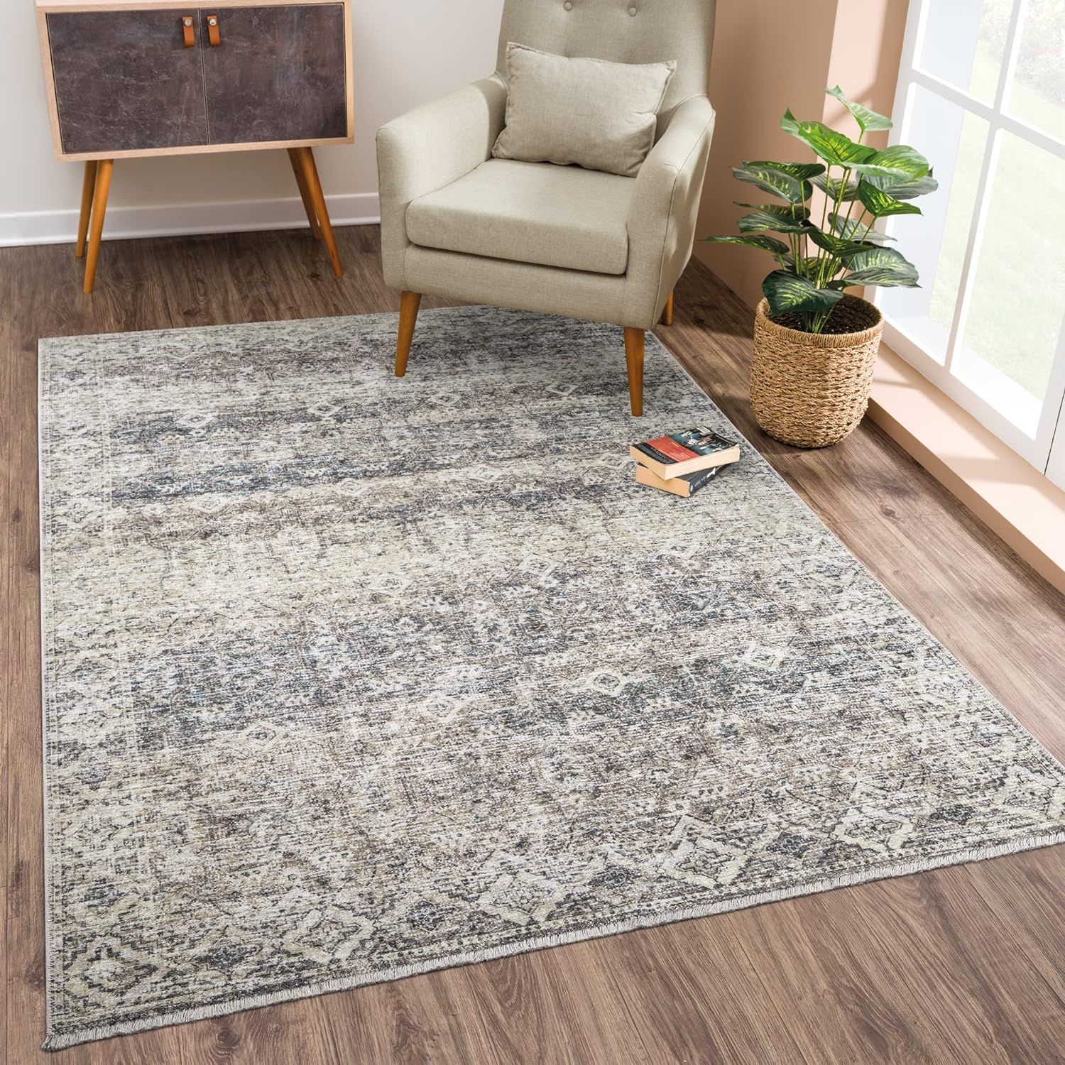 Bloom Rugs Caria Washable Non-Slip 9x12 Rug - Beige Brown/Teal Traditional Area Rug for Living Ro... | Amazon (US)