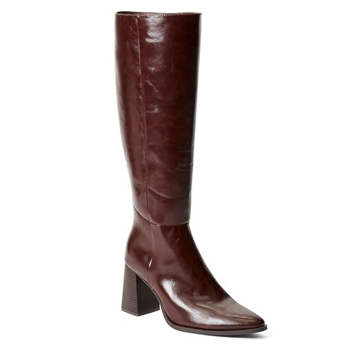 JustFab Knee High Boots Womens Pointed Toe Tall Boots Chunky Heel Long Boots Side Zipper Fashion Boots - CAITE (Size 9.5, Brown | Amazon (US)