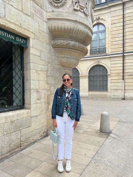 Paris France, transition outfit, fall outfit, fall transition outfit, white jeans, striped shirt, denim jacket, silk scarf, white sneakers, white leather sneakers, white tennis shoes

#LTKSeasonal #LTKeurope #LTKtravel