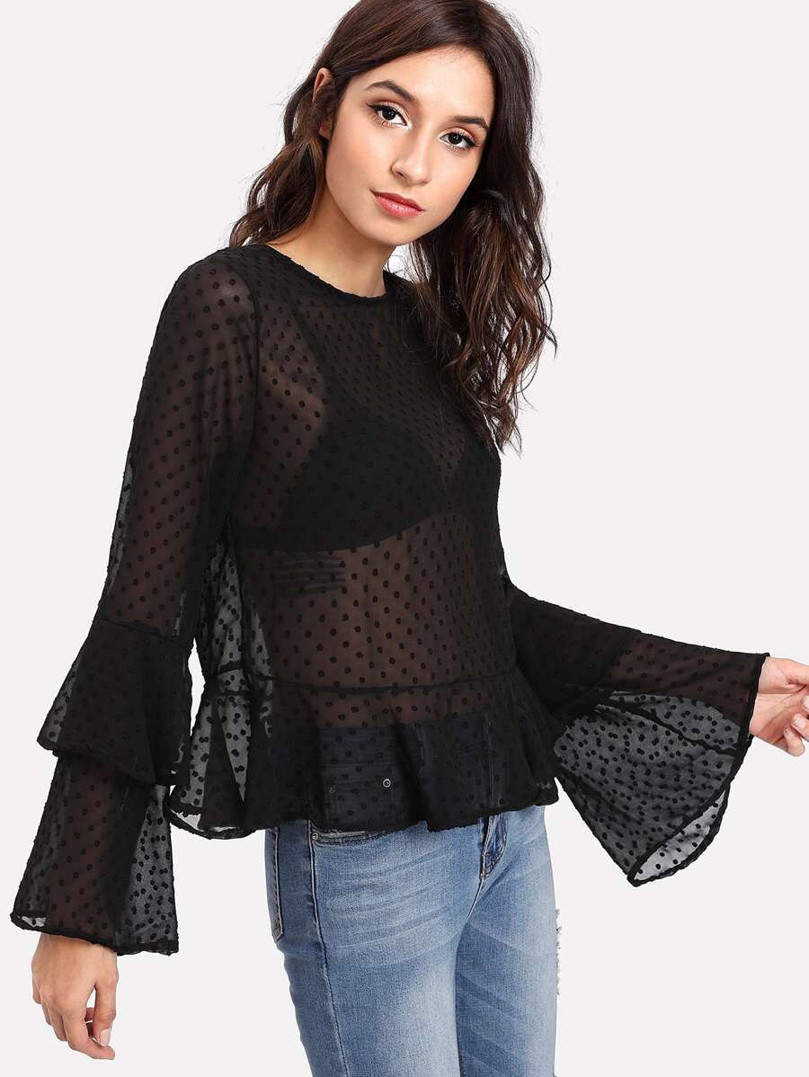 SHEIN Trumpet Sleeve Dot Jacquard Ruffle Top | SHEIN