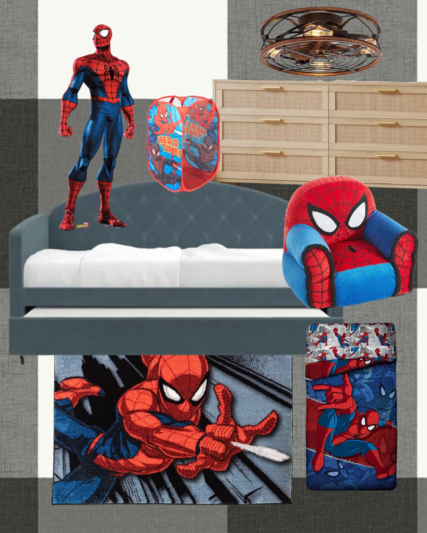 A SPIDERMAN themed bedroom for the sweetest four year old boy! He go to pick his big boy bedroom theme, and naturally, went with this one 😜 It’s my job to bring it to life, so we have black and white plaid peel and stick wallpaper, a new daybed with trundle, a SPIDERMAN rug, and much more Spidey decor for accents… the fan is quite nice, too! 

#LTKhome #LTKkids #LTKfamily