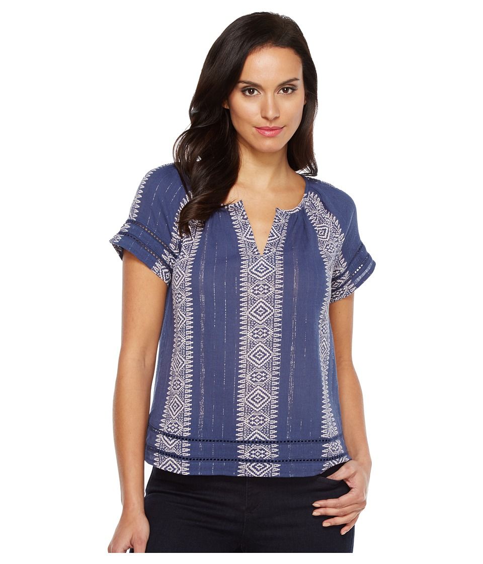Lucky Brand - Lurex Peasant Top (Blue Multi) Women's Short Sleeve Pullover | 6pm