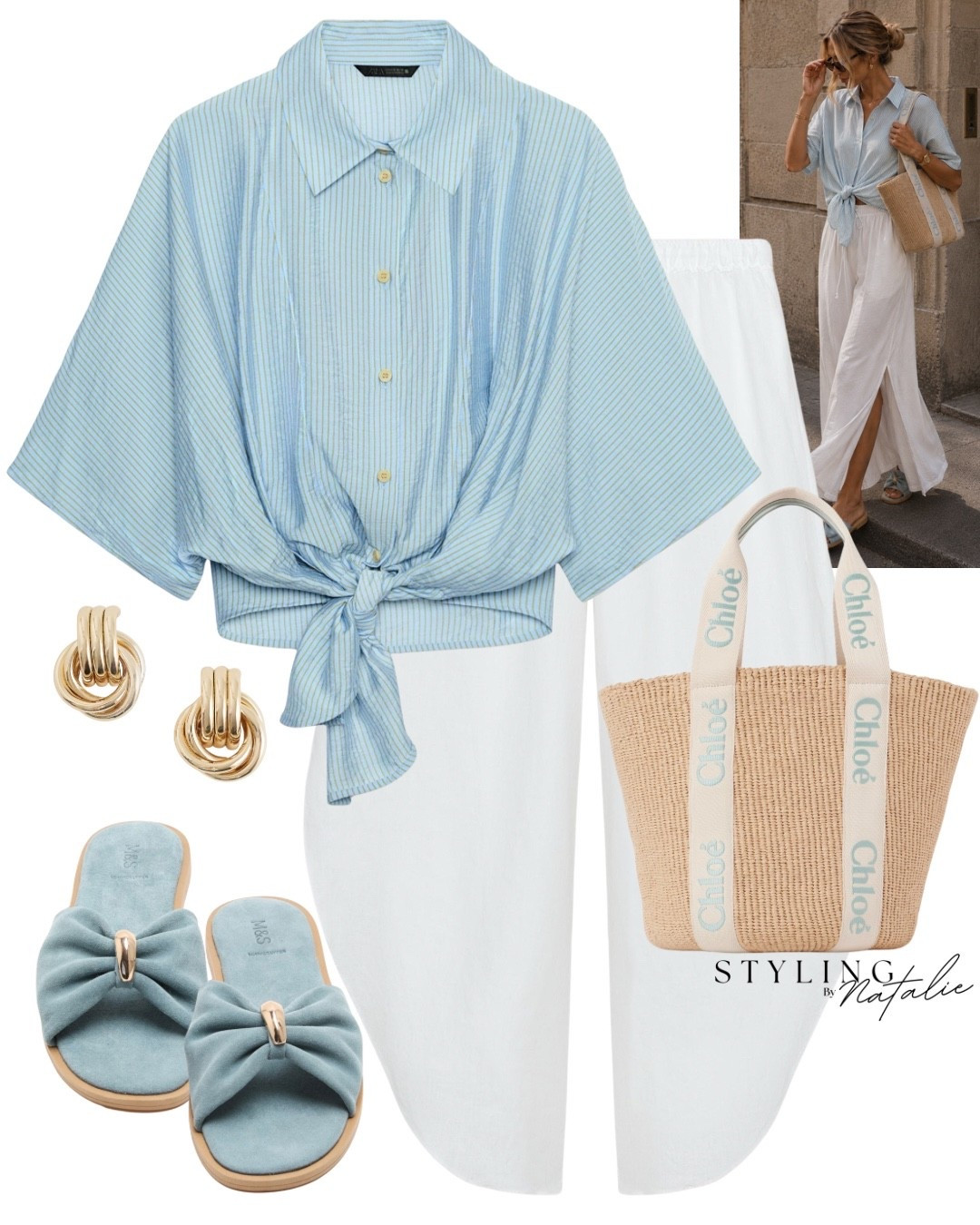 Blue summer outfit 🩵
Blue stripe knot tie shirt with 3/4 sleeves, white flowy 100% linen trousers with vents, Chloe bag, suede sandals and gold chunky earrings.
Zara outfit, casual chic, breezy, heatwave,comfy casual @Zara

#LTKsummer #LTKuk #LTKeurope