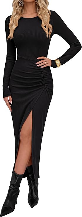 Caracilia Womens Long Sleeve Bodycon Maxi Fall Dresses Ruched | Amazon (US)