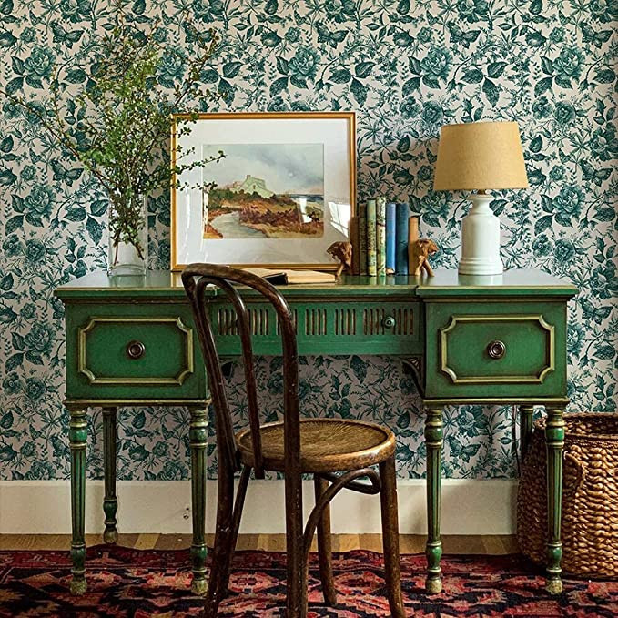 funlife Green Rose Floral Wallpaper Peel and Stick Wall Stickers, Monochrome Wall Mural Vintage C... | Amazon (US)