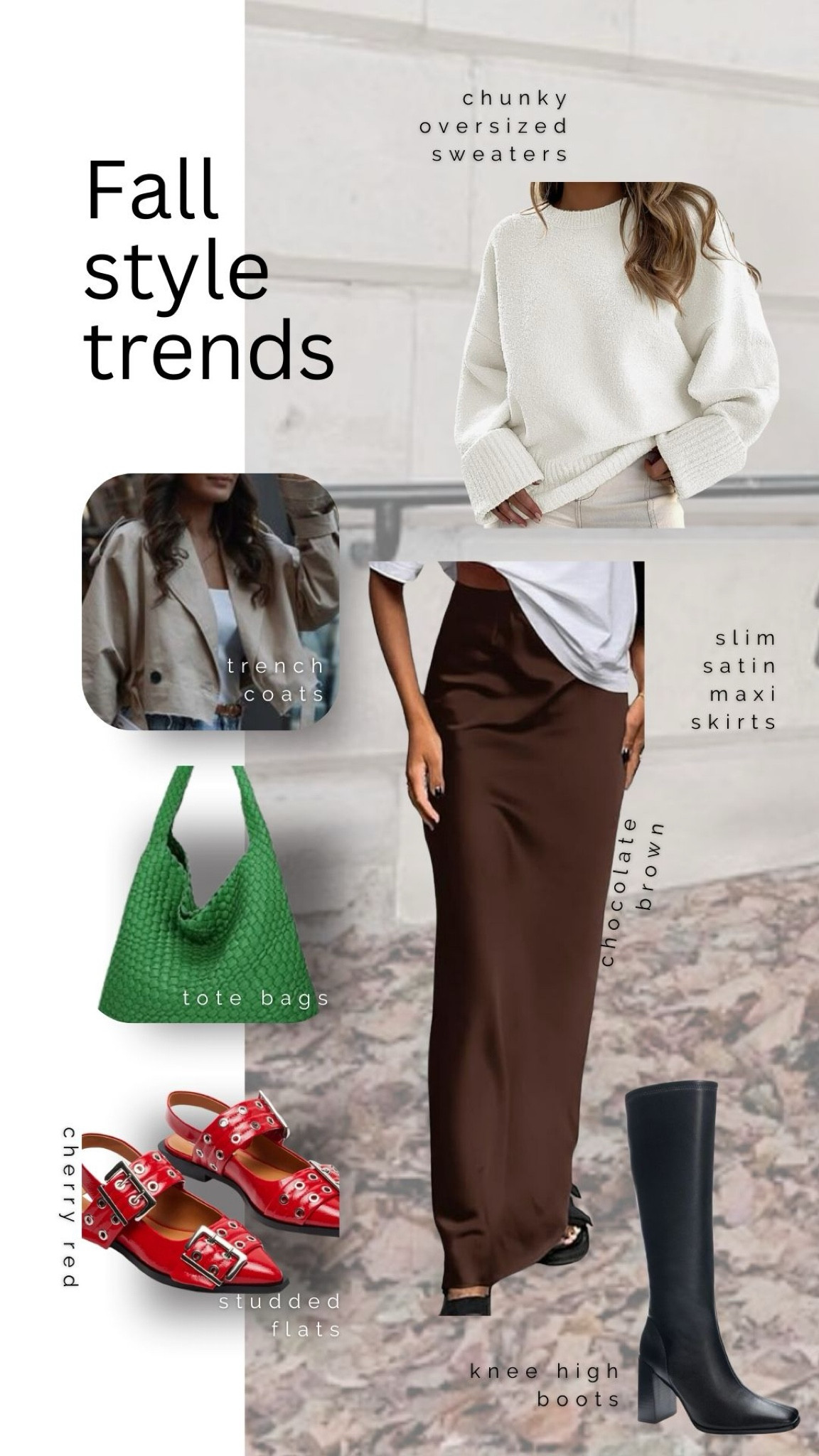 Fall staples for your closet! Maxi satin skirt, tote bag, studded flats, red, brown, chunky sweater, trench coat, knee high boots 

#LTKSeasonal #LTKStyleTip #LTKFindsUnder100