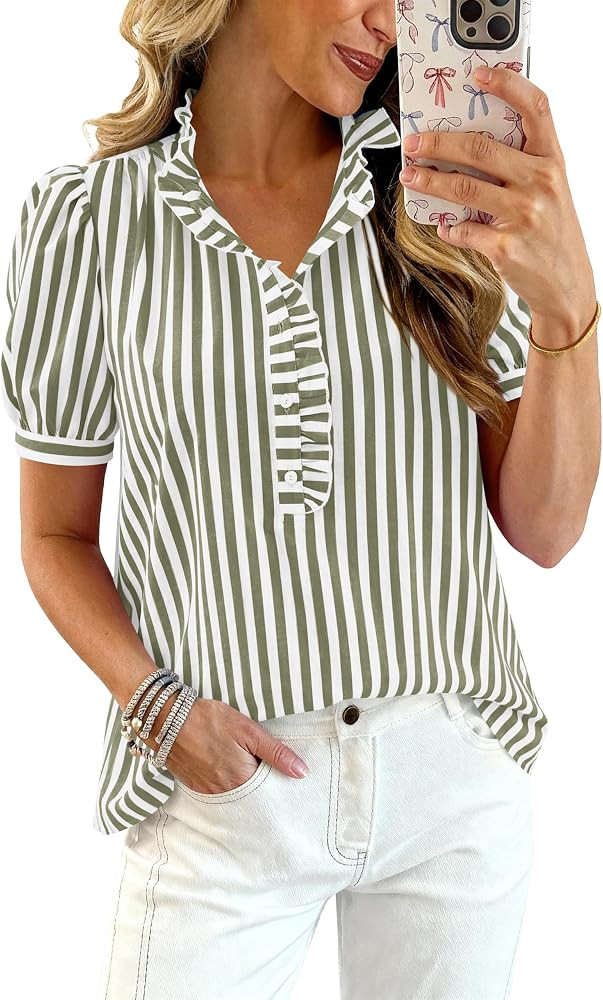 MASCOMODA Women Puff Sleeve Striped Boho Tops Plaid Shirts | Amazon (US)