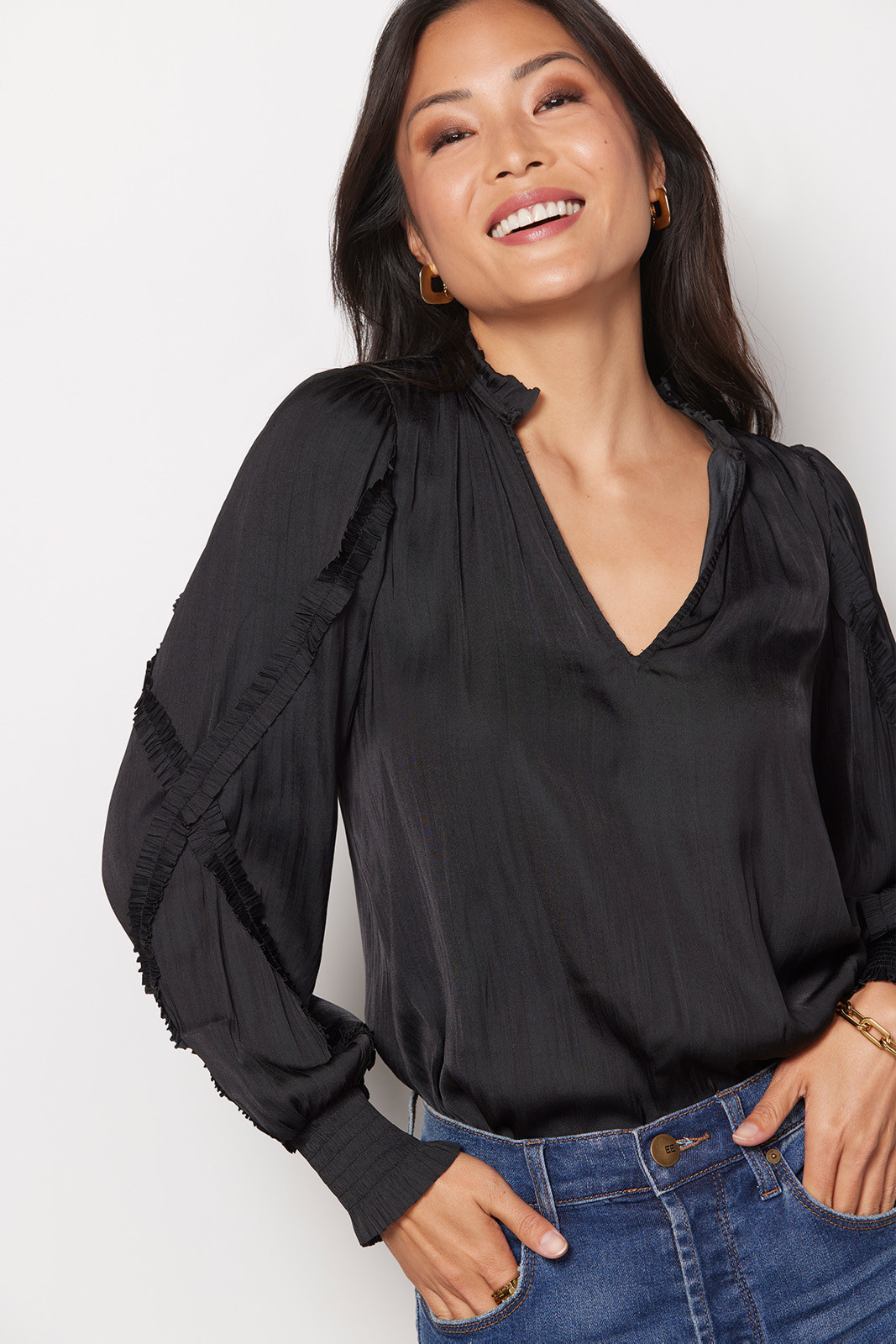 EVEREVE Jett Ruffle Satin Blouse | EVEREVE | Evereve