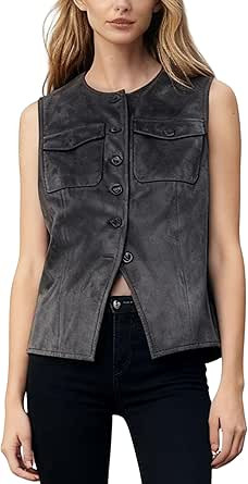 Huaqiao Womens Faux Suede Vest Button Down Sleeveless Crew Neck Jacket Casual Waistcoat with Pock... | Amazon (US)