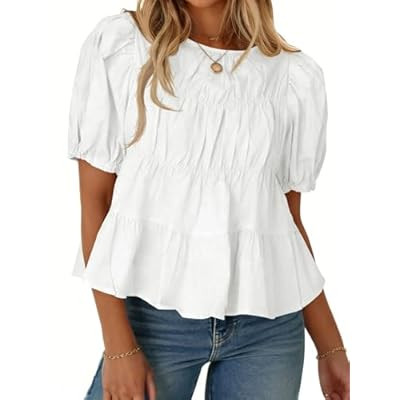 MAOECO Womens Puff Sleeve Babydoll Peplum Tops 2026 Summer Cotton Tshirts Sm… | Amazon (US)