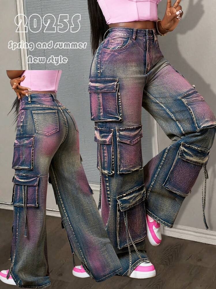 Slaydiva 2025 Summer New Music Festival Graduation Birthday Wear, Student Casual Daily Outings, All-Match Versatile, Leisure, Cruise Travel, Beach Sunbathing, Internet Celebrity Hot-Selling, Street Fashion, Punk Style, Denim Style, Denim Girl, 3D Cargo Pockets, Tassel, Ribbon, Metallic Coating, Washing, Blue, Women Denim Jeans | SHEIN