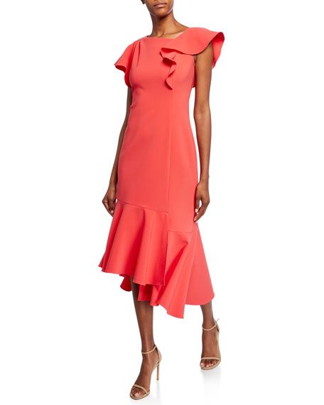 Shoshanna Sula Short-Sleeve Asymmetric Scuba Dress with Ruffle Details | Neiman Marcus