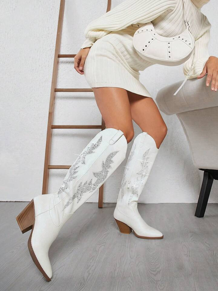 Rhinestone Decor Chunky Western Boots | SHEIN
