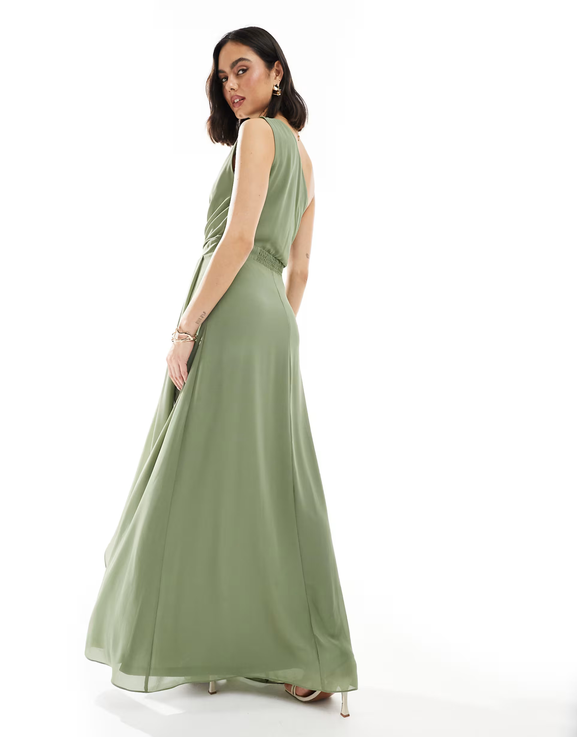 TFNC Bridesmaid chiffon maxi dress with wrap skirt in dark green | ASOS | ASOS (Global)