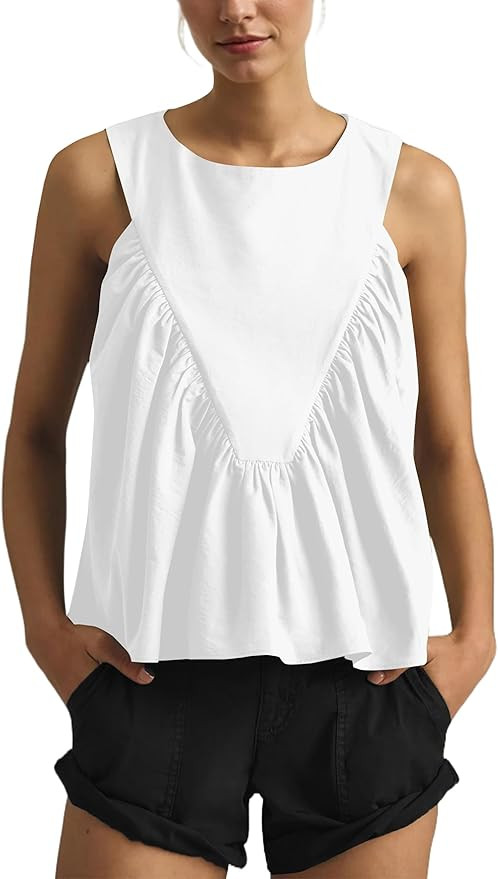 Womens Peplum Babydoll Tank Top Crew Neck Loose Fit Summer Tank Tops Swing Sleeveless Shirred Ruf... | Amazon (US)