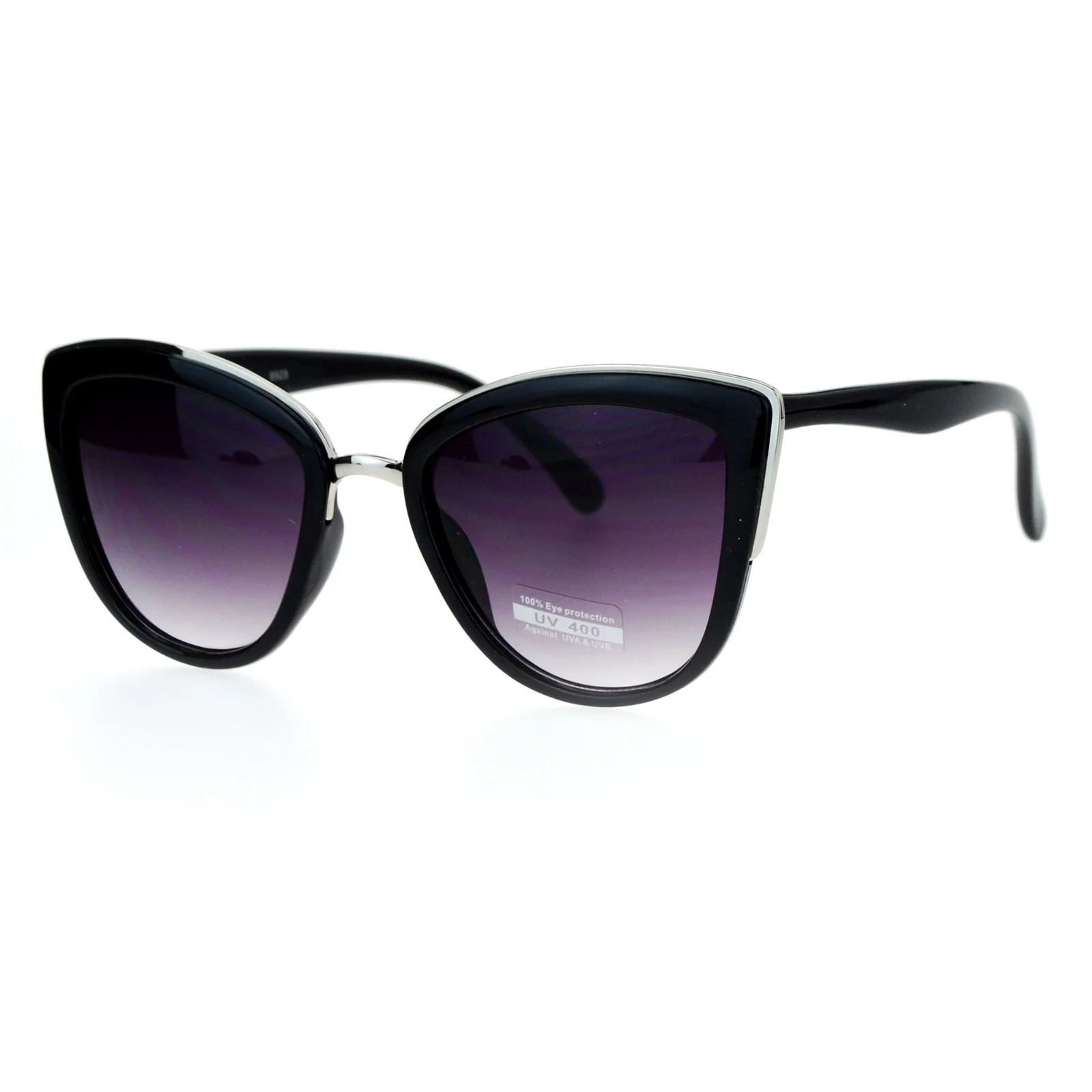 SA106 Womens Metal Brow Trim Large Cat Eye Sunglasses Black Silver | Walmart (US)