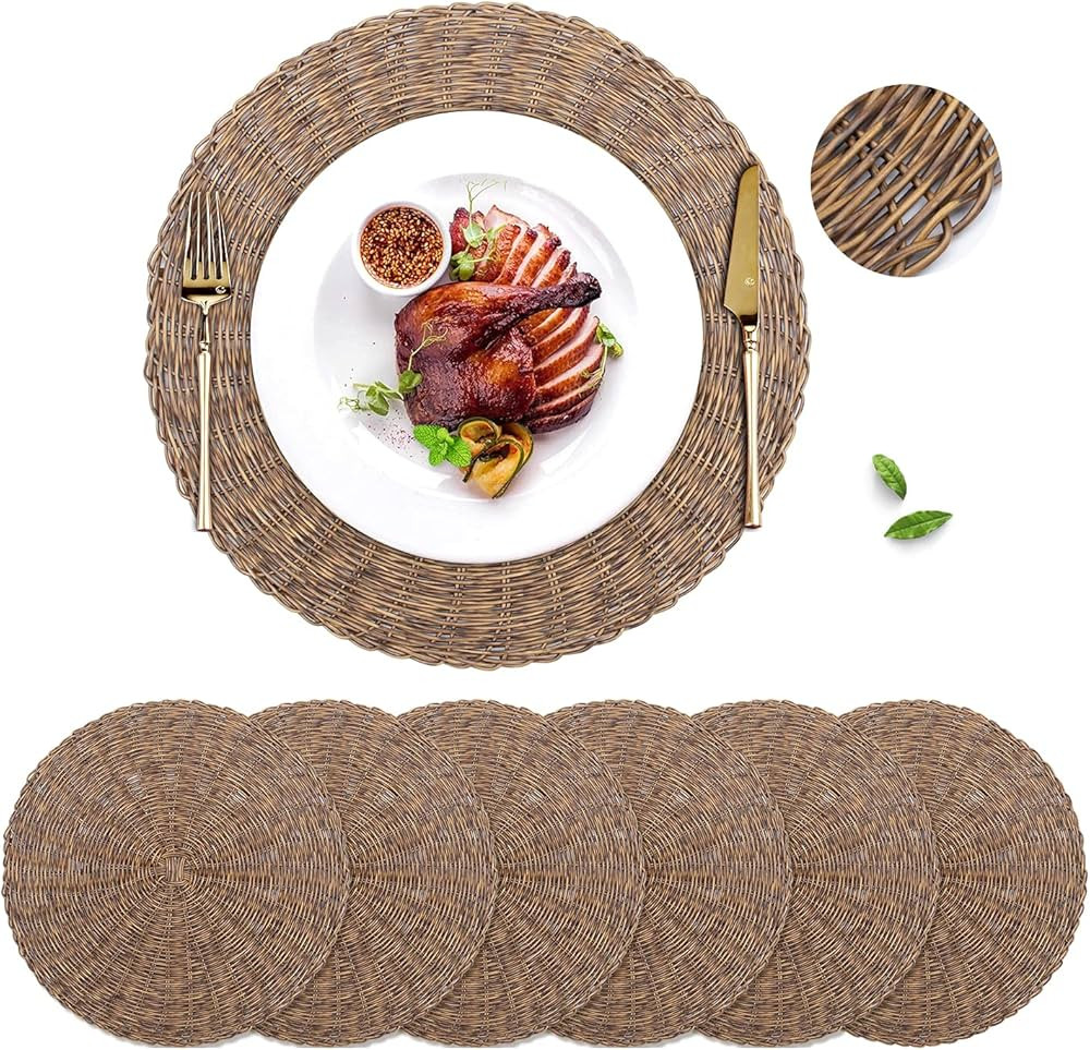 Woven Placemat Round 15in Brown Set of 6 Natrural Wicker Charger Heat Resistant Rattan Place Mat ... | Amazon (US)