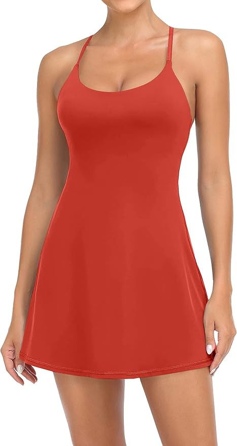 Women Workout Tennis Dress with Built-in Bra Shorts, Cross Shoulder Straps and Pockets | Amazon (US)