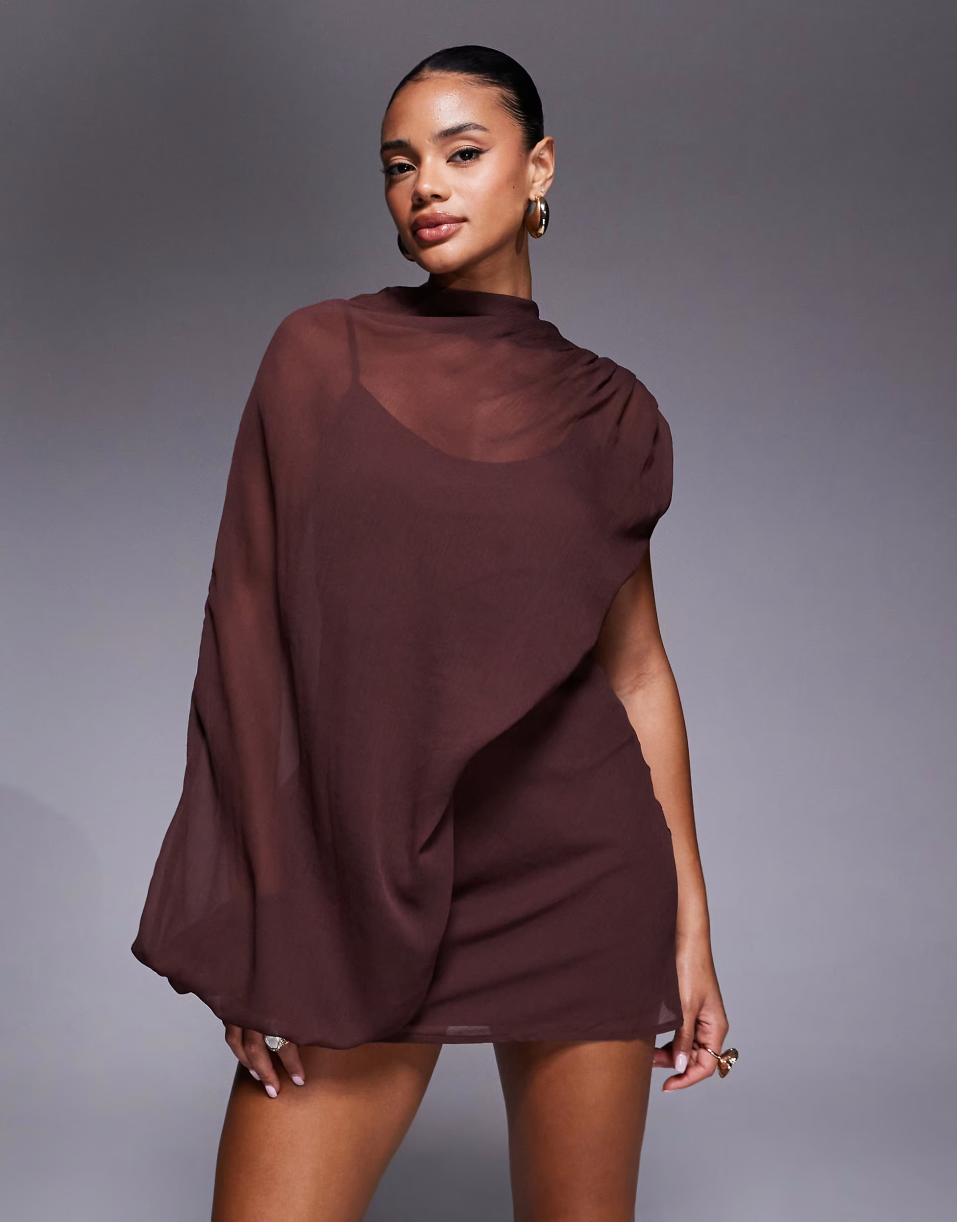 ASOS DESIGN high neck draped asymmetric mini dress with cut out in chocolate | ASOS (Global)