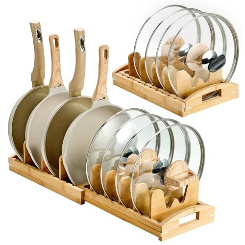 Teenyyou Pots and Pans Organizer Under Cabinet Bamboo Expandable Pot Lid Holder with 10 Adjustable Dividers Kitchen Cookware Rack Organizer for Bakeware Cutting Board Cookie Sheet Baking Pan Storage | Amazon (US)