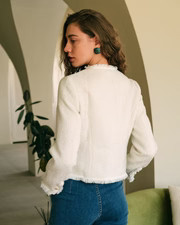 The Solid Fringed Button Up Tweed Coat & Reviews - White - Outerwear | RIHOAS | rihoas.com