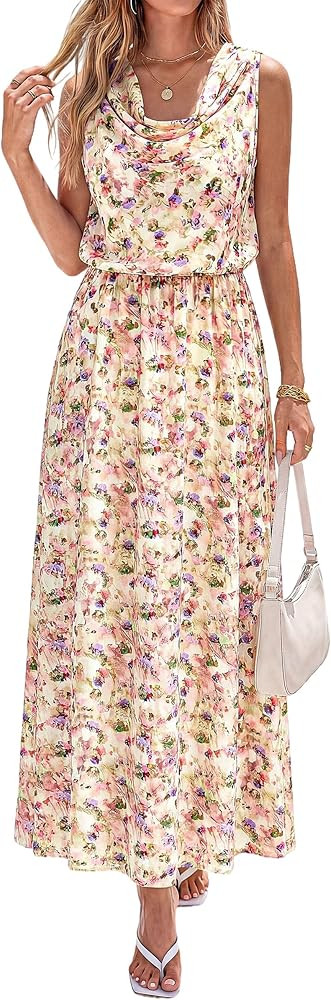 PRETTYGARDEN Womens Summer Floral Maxi Dresses 2026 Spring Sleeveless Cowl Neck Flowy Beach Vacat... | Amazon (US)