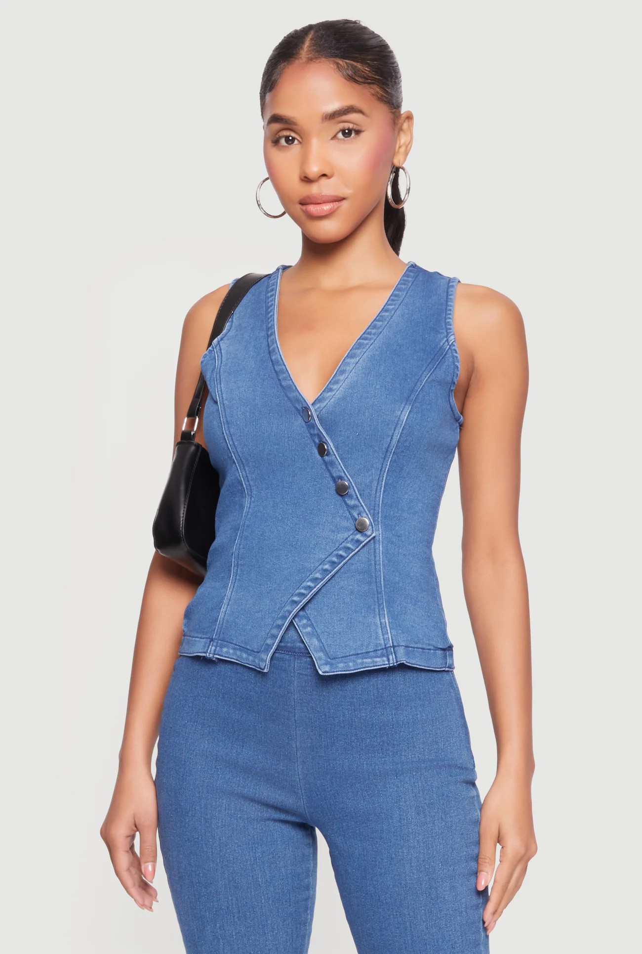 Denim Asymmetrical Button Front Blazer Vest | Rainbow Shops