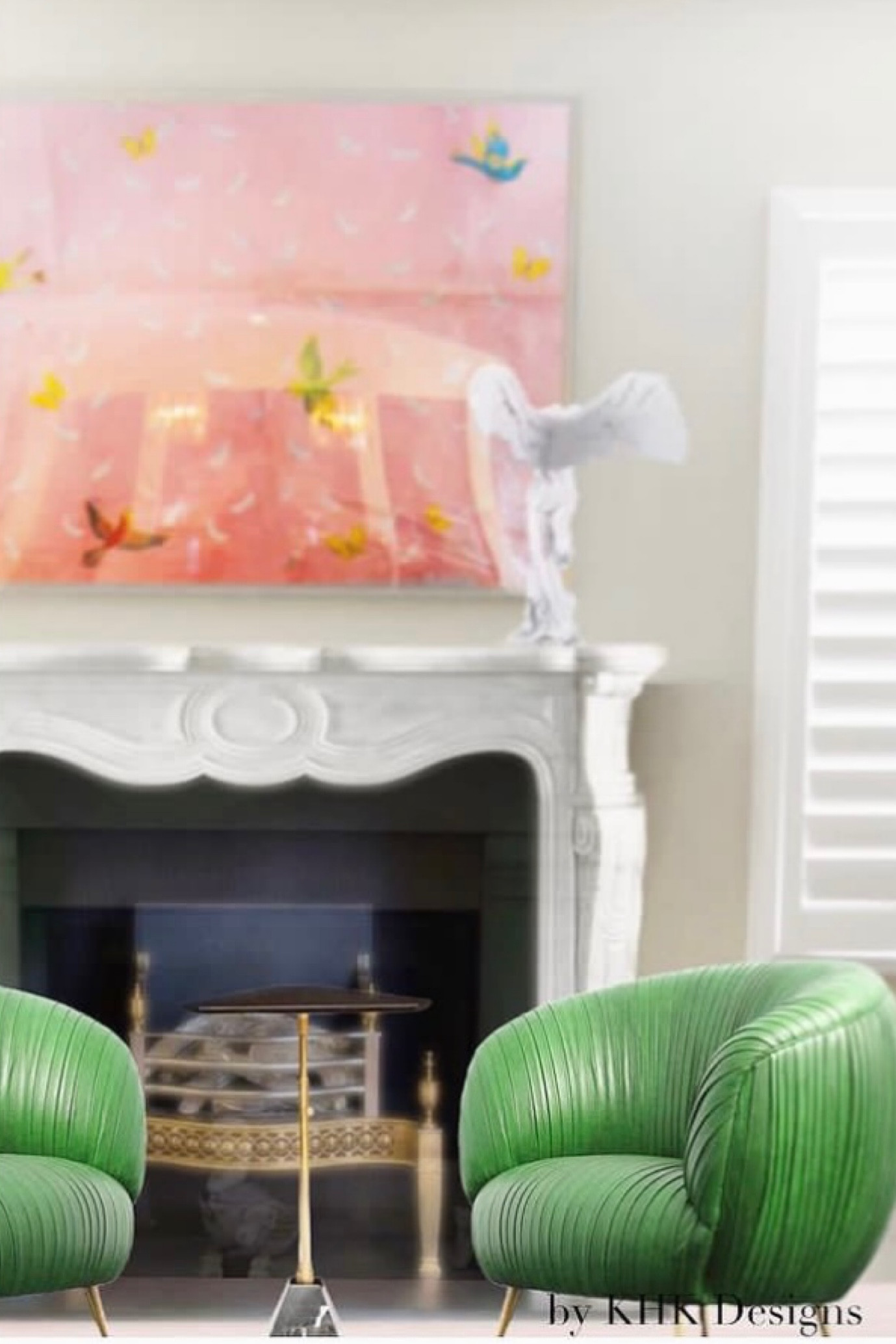 A cozy conversation zone by the fireplace  we designed features a color scheme of pink and green that is fresh and romantic echoing the vividly booming  spring garden outside.  #livingroom #Valentines #art #prettyinpink
.

#LTKSeasonal #LTKhome #LTKGiftGuide
