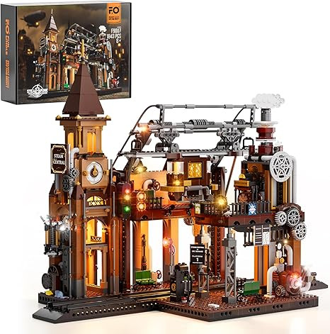 FUNWHOLE Train-Station Lighting Building Bricks Set - Steampunk LED Light Building Set 1843 Piece... | Amazon (US)