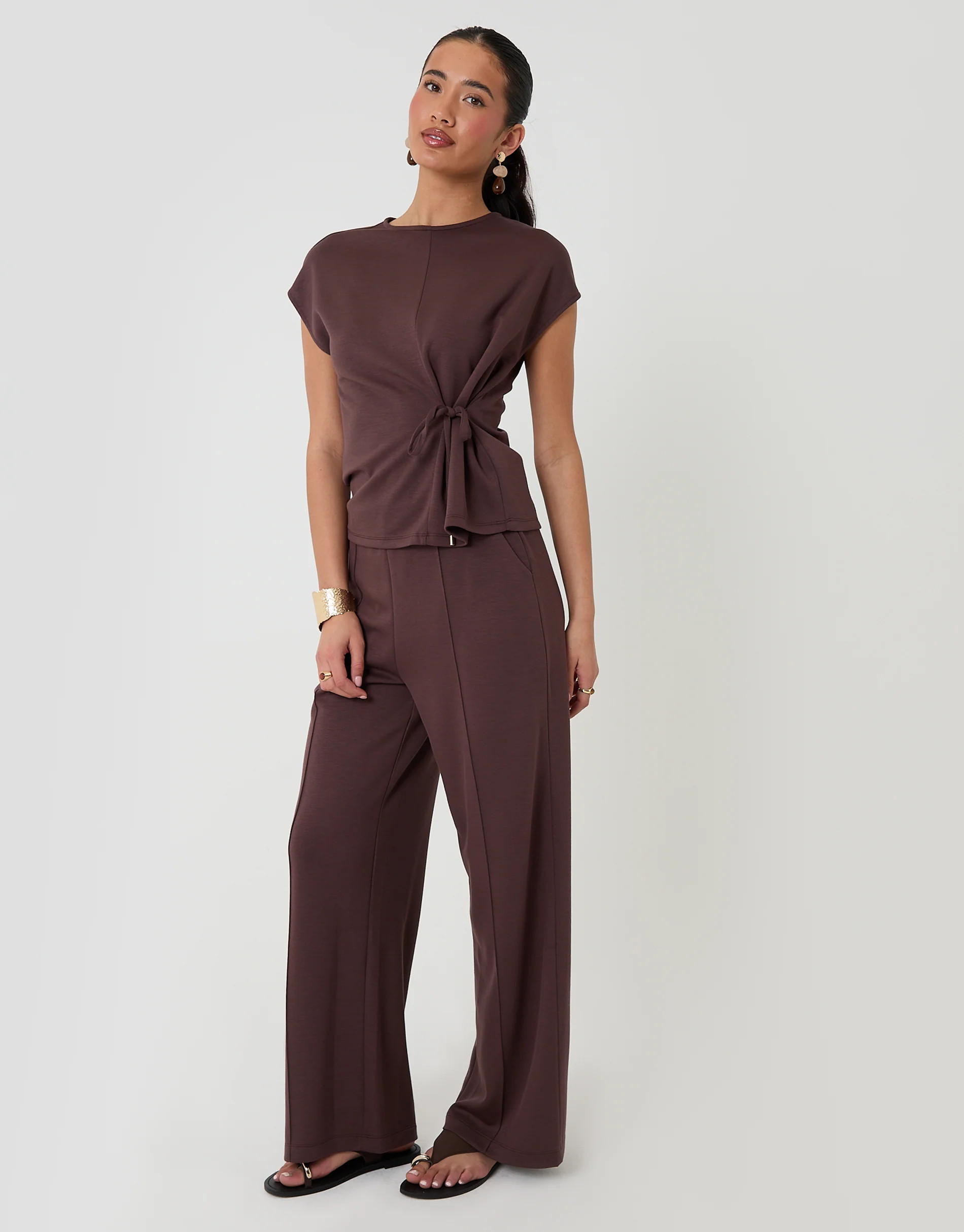 Relaxed Fit Tie Top & Wide Leg Trousers Set in Chocolate Brown | Threadbare UK